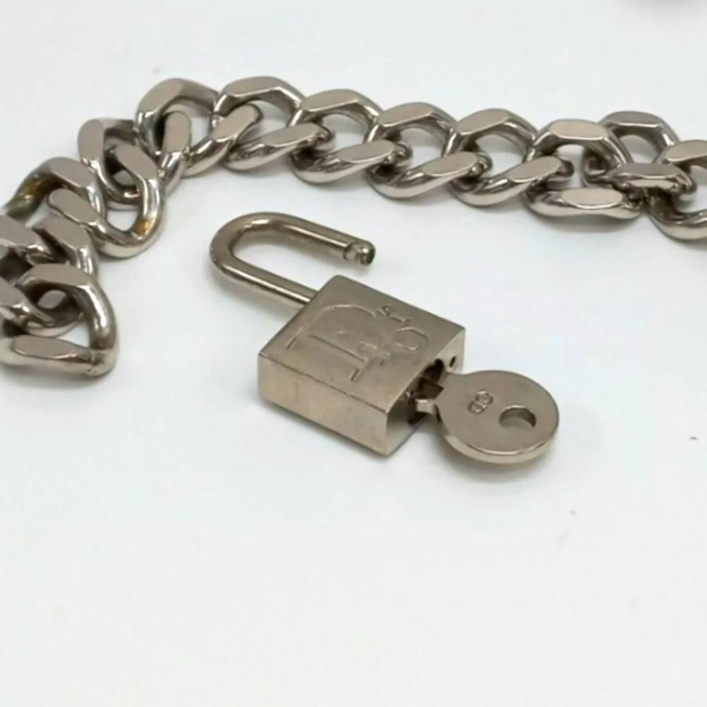 CHRISTIAN DIOR SilverTone Padlock Curb Link Chain Bracelet with 2 Keys 🎁
